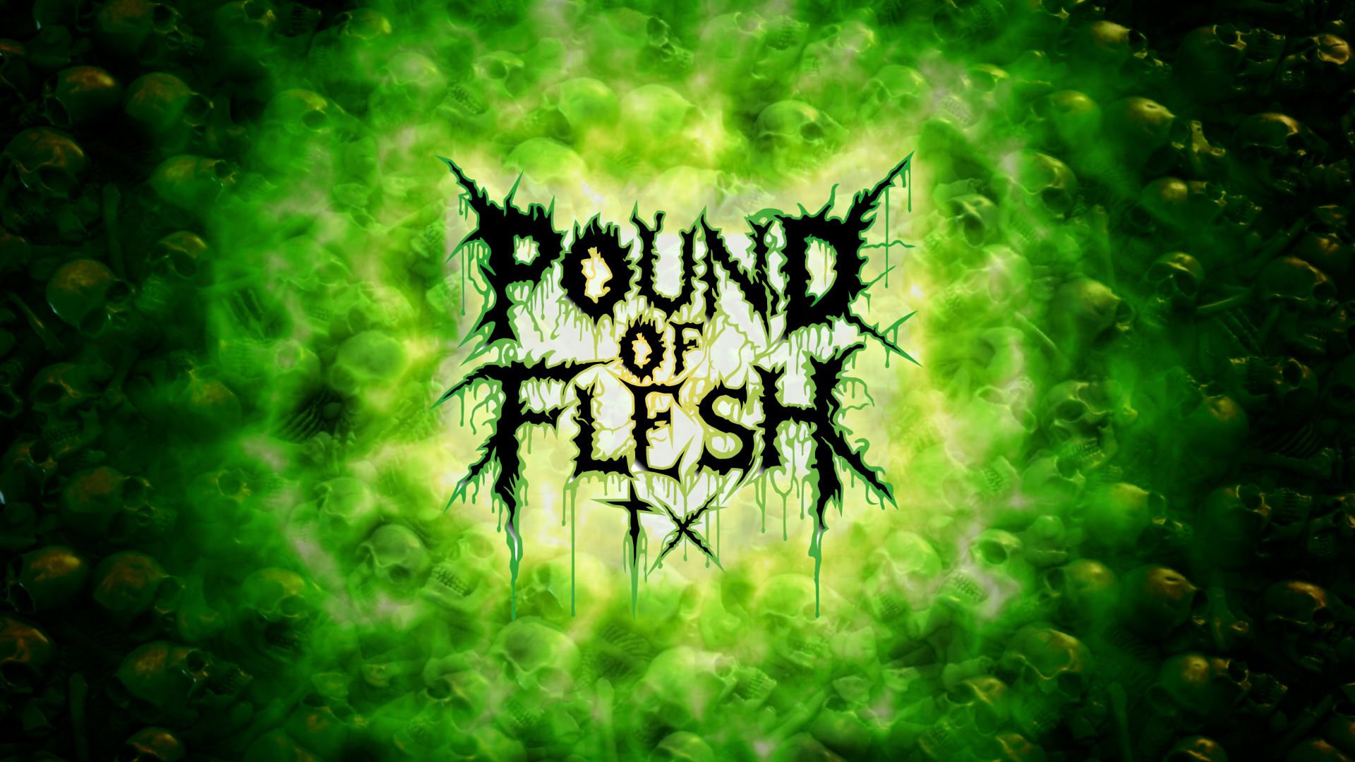 Pound of Flesh TX logo glowing white and green onto a wall of skulls.